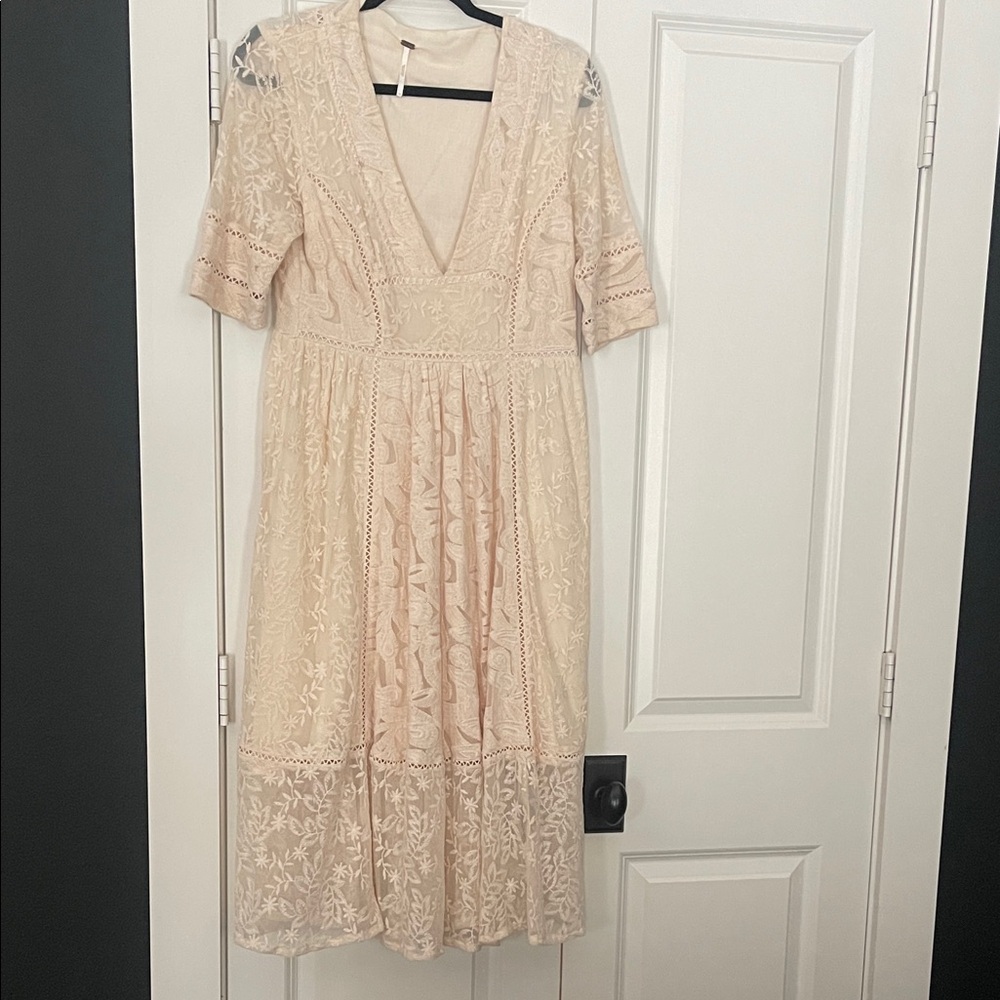 Free People Reign Over Me Blush Lace V-Neck Midi Dress